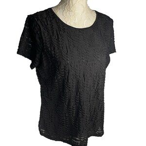 CALVIN KLEIN W sz L Black Scoop 2 Layers Lace Peek a Boo Short Sleeve Blouse Top